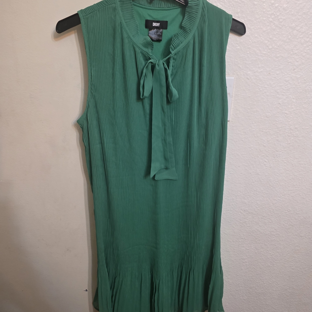 DKNY Emerald Green Sleeveless Tie-Neck Pleated Dress